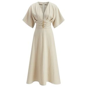 Commense NWT Linen Cotton Midi Dress Beige Khaki Minimalist Medium Summer